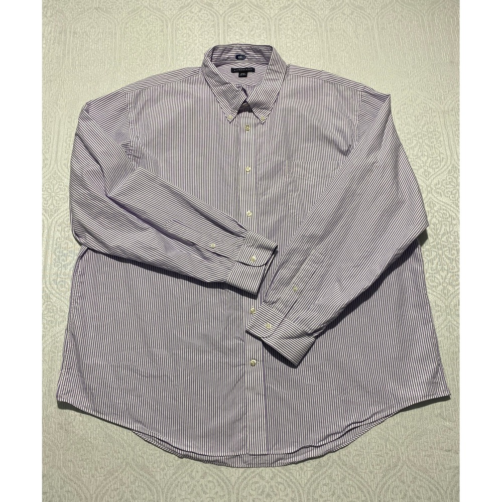 Lands End Mens XXL Purple White Striped Button Down Cotton Long Sleeve Shirt